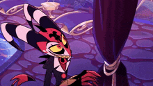 a cartoon character from helluva boss is smiling and looking at the camera .