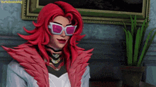 a woman with red hair wearing sunglasses and a pink coat