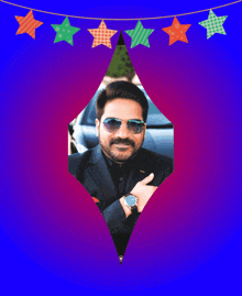 a picture of a man in a suit and tie is surrounded by stars