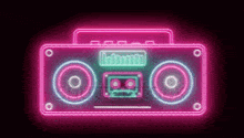 a neon sign of a boombox with a cassette tape in it .