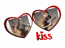 two hearts with a picture of a woman holding a gun and the word kiss below it
