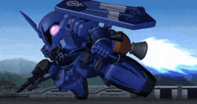 a blue robot with a shield and a gun is flying in the air