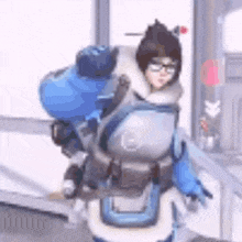 mei from overwatch is standing in a room with a backpack on her back and wearing glasses .