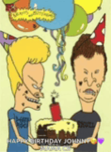 two beavis and butthead cartoon characters holding a birthday cake and balloons