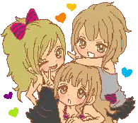 a pixel art drawing of three girls giving the peace sign