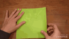 a person is holding a piece of green paper with the words made in animatica visible