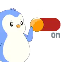 a cartoon penguin is holding a green button that says off and an orange button that says on