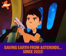 a cartoon of a boy holding a gun with the words " saving earth from asteroids since 2023 "