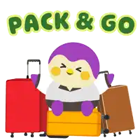 an illustration of a penguin sitting on a suitcase with the words pack & go above it
