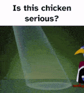 a cartoon bird is standing in front of a spotlight with the words " is this chicken serious " above it