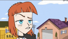a cartoon of a girl with red hair standing in front of a house