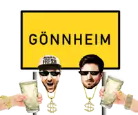 two men toasting in front of a yellow sign that says gonheim