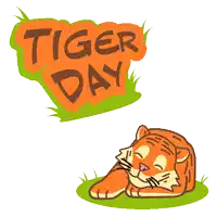 a cartoon of a tiger laying in the grass under a sign for tiger day