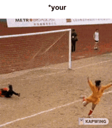 a soccer player is jumping in the air to catch a soccer ball in front of a goal .