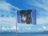 a flag with a picture of a girl in a hat on it