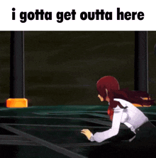 a cartoon of a girl running with the words " i gotta get outta here " above her