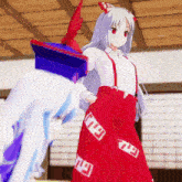 a girl in a red skirt with chinese symbols on it stands next to another girl
