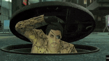 a man in a suit and eye patch is sticking his head out of an open manhole cover