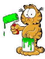 garfield the cat is holding a paint roller and a can of green paint