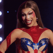a woman in a red and blue outfit with stars on it
