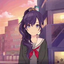 a girl with purple hair and blue eyes is standing in front of a building with a sign that says burger king