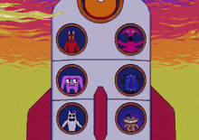 a cartoon of a rocket with a bunch of monsters in the windows