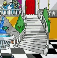 a cartoon drawing of a waterfall and stairs in a house .