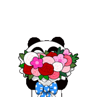 a panda holding a bouquet of flowers with hearts around it