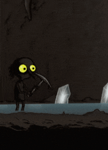 a cartoon character with big yellow eyes is holding a pickaxe
