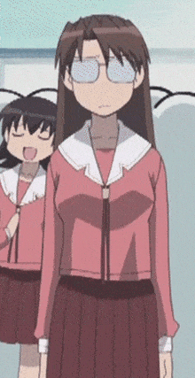 a cartoon girl wearing glasses and a pink shirt
