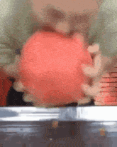 a close up of a person holding a large red apple