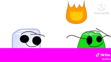 ice cube , jelly , and fire are standing next to each other on a pink background .