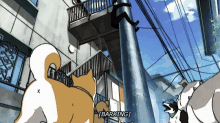 a cartoon of a man falling off a balcony with the words barking written below him