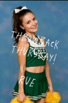 a cheerleader in a green uniform is holding yellow pom poms