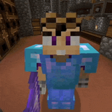 a minecraft character is holding a sword and wearing a blue and purple outfit .