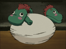 a cartoon character with two heads is sitting on top of a white ball