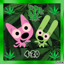 a picture of two cartoon characters with marijuana leaves and 4:20