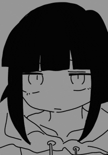 a black and white drawing of a girl with long black hair and a serious look on her face .