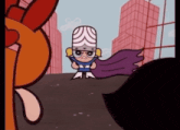 a cartoon character wearing a purple cape and a white hat