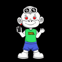 a cartoon character is wearing a green shirt that says zhot