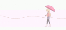 a girl holding a pink umbrella walking on a pink background