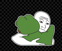 a cartoon of a man hugging a green frog with a checkered background