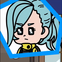 a drawing of a girl with blue hair and a yellow jacket