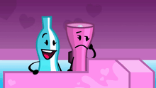 a blue and white bottle and a pink cup with faces
