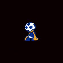 a pixel art drawing of a skeleton with a soccer ball on his head .