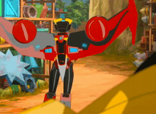 a cartoon drawing of a red and black robot with wings
