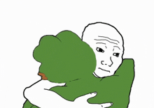 a cartoon of a man hugging a green frog with the words tuy không giải quyết được giúp bạn written below him