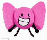 a pink stuffed animal with arms and legs is smiling
