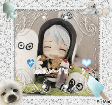 a picture of a doll and a seal with the words hello 's on it