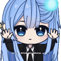 a cartoon of a girl with blue hair and a black suit has the letter m on her ear